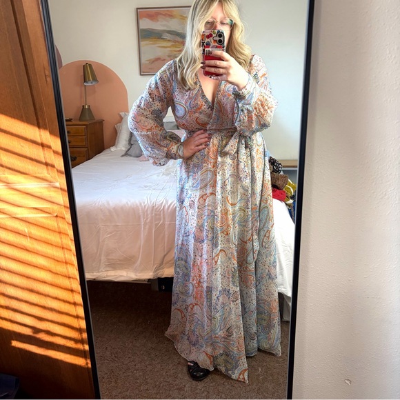 Paisley Maxi Dress blue cream sheer sz L flowy long sleeve whimsy feminine - Picture 2 of 13